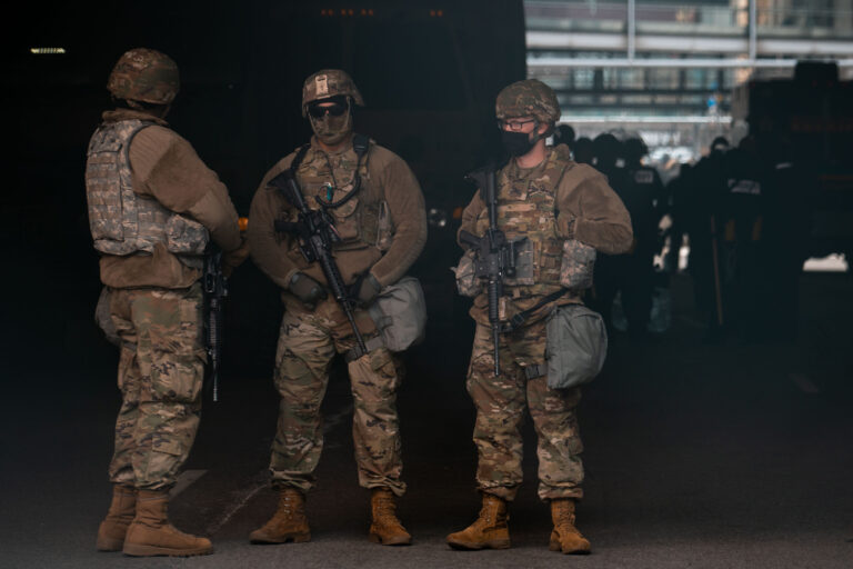 National Guard outside courthouse during Chauvin trial 3 National Guard Members stand outside the Hennepin County Government Center on the day a verdict was announced in the Derek Chauvin murder trial.