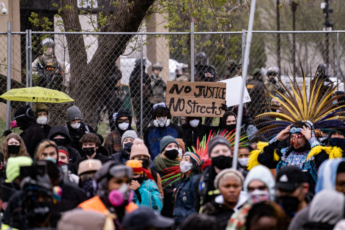 The community protests outside the Brooklyn Center Police Department after the death of 20-year old Daunte Wright. Wright was shot and killed by Brooklyn Park Police officer Kim Potter during a traffic stop on April 11th.