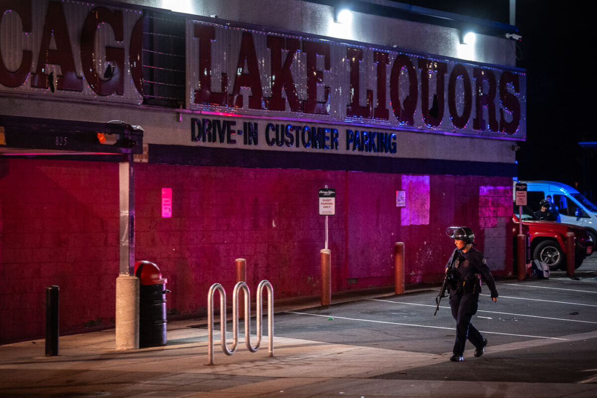 Armed police patrolling Uptown Minneapolis during possible unrest over the death of Daunte Wright.