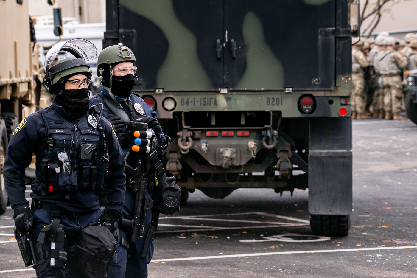 Police with less lethal weapons in Brooklyn Center