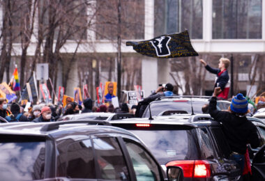 Crowd gathering outside the courthouse on April 21, 2021 after the jury convicts Derek Chauvin in the murder of George Floyd.