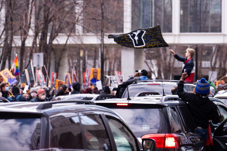 Post Derek Chauvin Trial Verdict Downtown Minneapolis 2 Crowd gathering outside the courthouse on April 21, 2021 after the jury convicts Derek Chauvin in the murder of George Floyd.