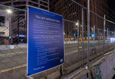 Signage around the courthouse during the Chauvin trial.