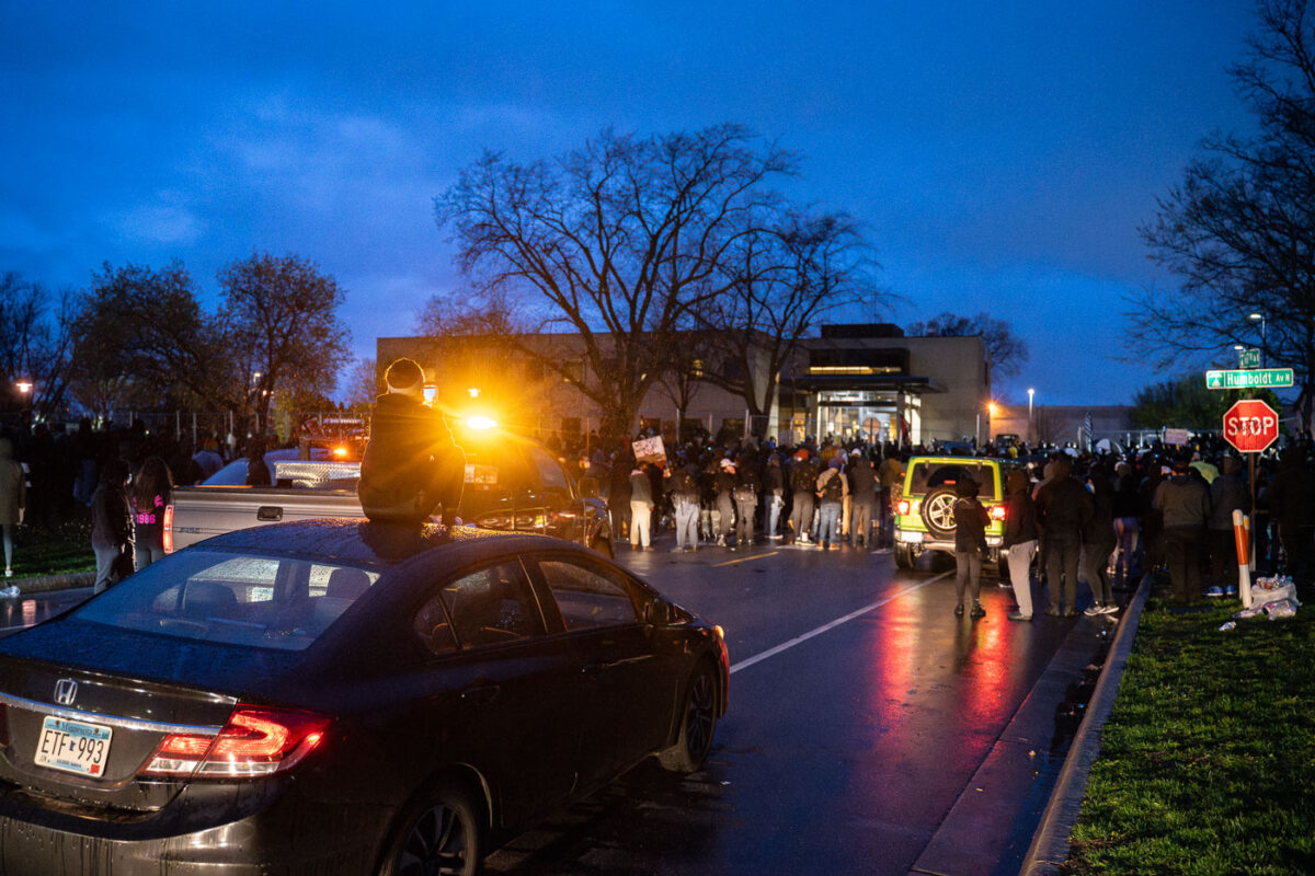 Protesters gather at the Brooklyn Center Police Department after 20-year old Daunte Wright was shot and killed by a Brooklyn Center Police on April 11th, 2020.