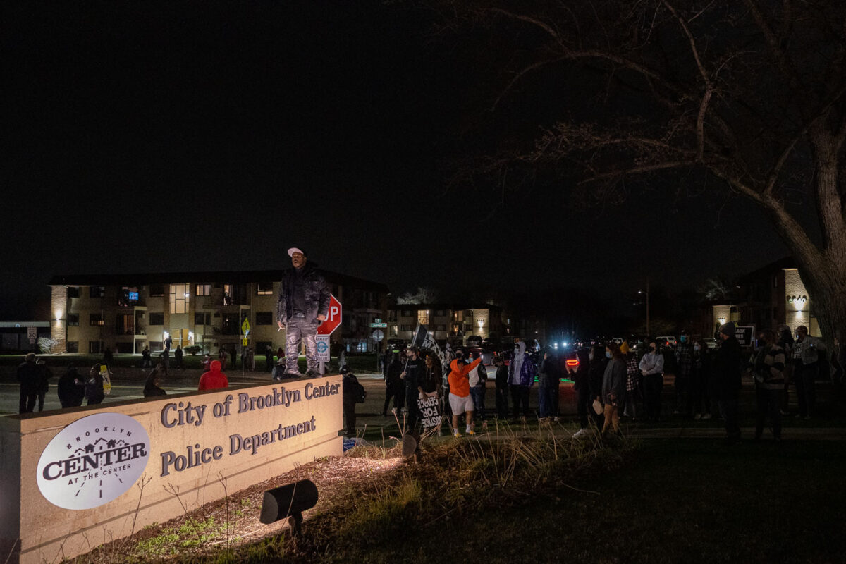 Protesters arrive at the Brooklyn Center Police Department shortly after Daunte Wright was shot and killed by Brooklyn Center Police Officer Kim Potter.