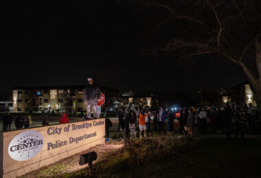 Protesters arrive at the Brooklyn Center Police Department shortly after Daunte Wright was shot and killed by Brooklyn Center Police Officer Kim Potter.