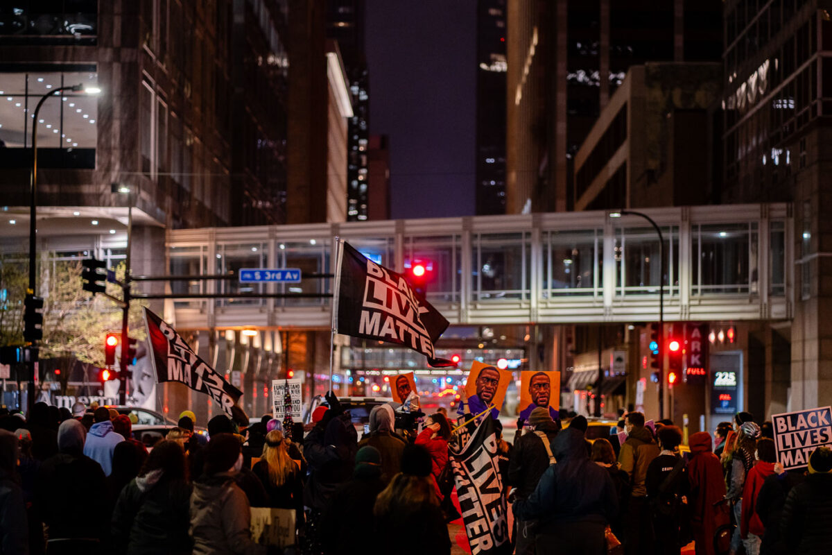 Protesters march through downtown Minneapolis starting at ending at the courthouse that's holding the Derek Chauvin murder trial.