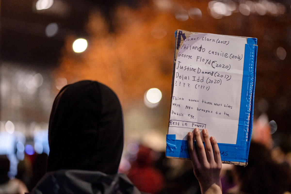 Protesters march through downtown Minneapolis during the Derek Chauvin murder trial.