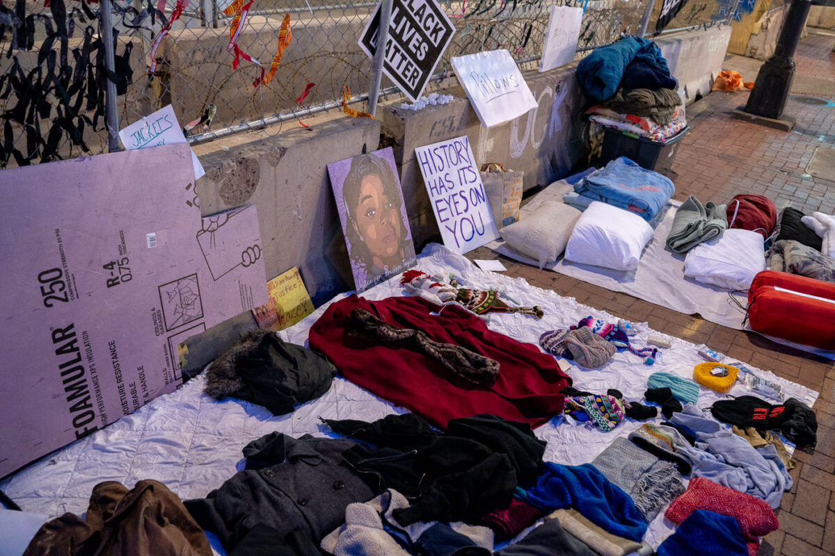 Supplies made available as temperatures drop inside the Government Center fencing where protesters have been occupying the space 24/7.