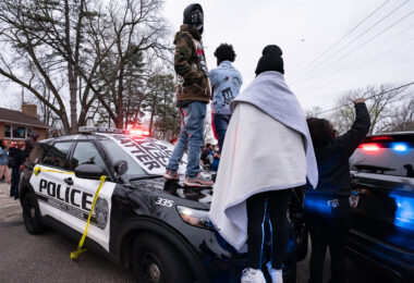 Protesters arrive to the scene of the death of Daunte Wright. Wright was shot and killed by Brooklyn Center Police Officer Kim Potter hours earlier.