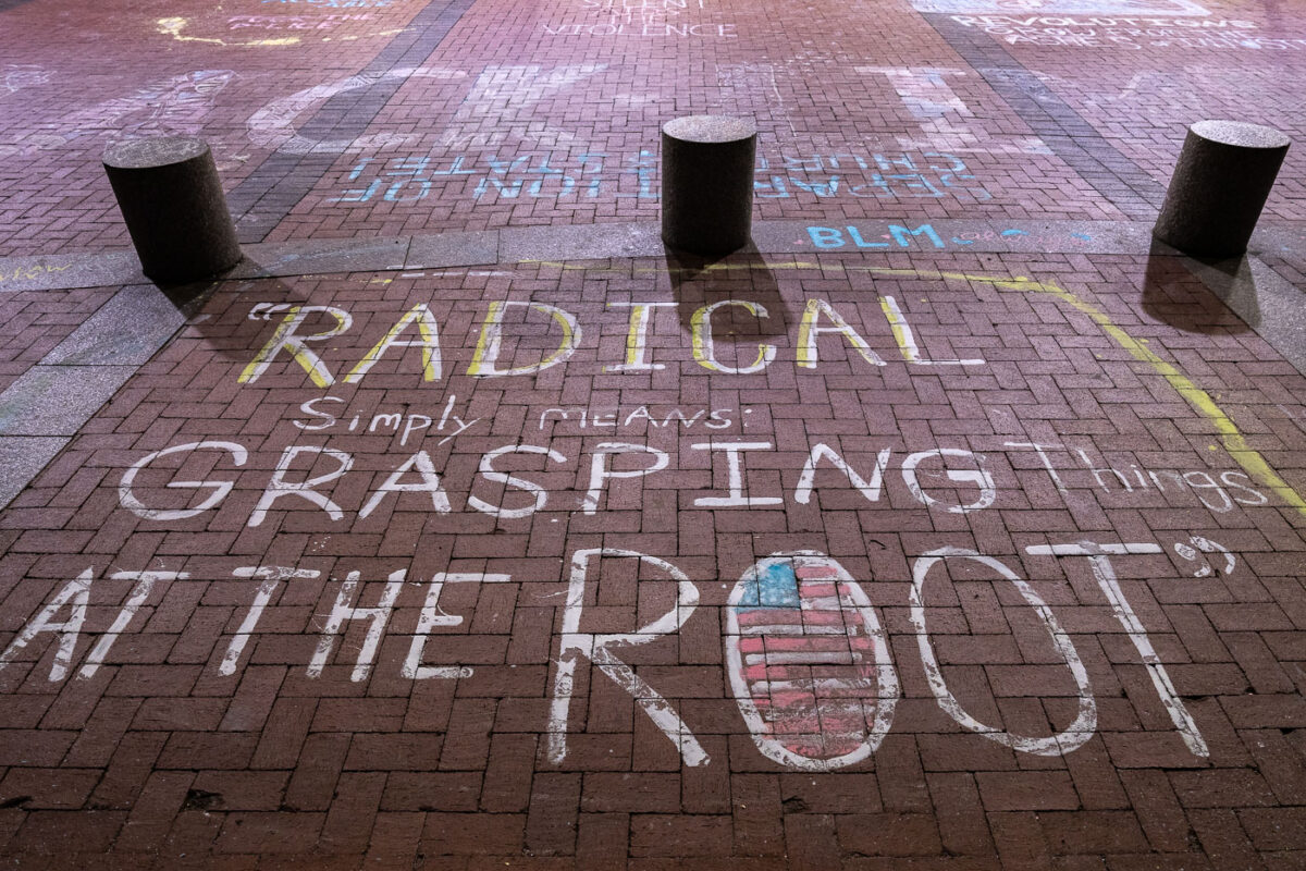 Chalk writing on the plaza outside the Hennepin County Government Center. The courthouse is currently holdin the Derek Chauvin murder trial. Chauvin is charged in the May 25th murder of George Floyd in South Minneapolis.