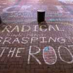 Chalk writing on the plaza outside the Hennepin County Government Center. The courthouse is currently holdin the Derek Chauvin murder trial. Chauvin is charged in the May 25th murder of George Floyd in South Minneapolis.