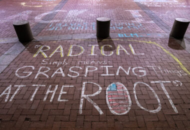 Chalk writing on the plaza outside the Hennepin County Government Center. The courthouse is currently holdin the Derek Chauvin murder trial. Chauvin is charged in the May 25th murder of George Floyd in South Minneapolis.
