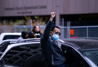 The crowd gathered outside the Hennepin County Government Center celebrates after Derek Chauvin was found guilty on all charges in the death of George Floyd.