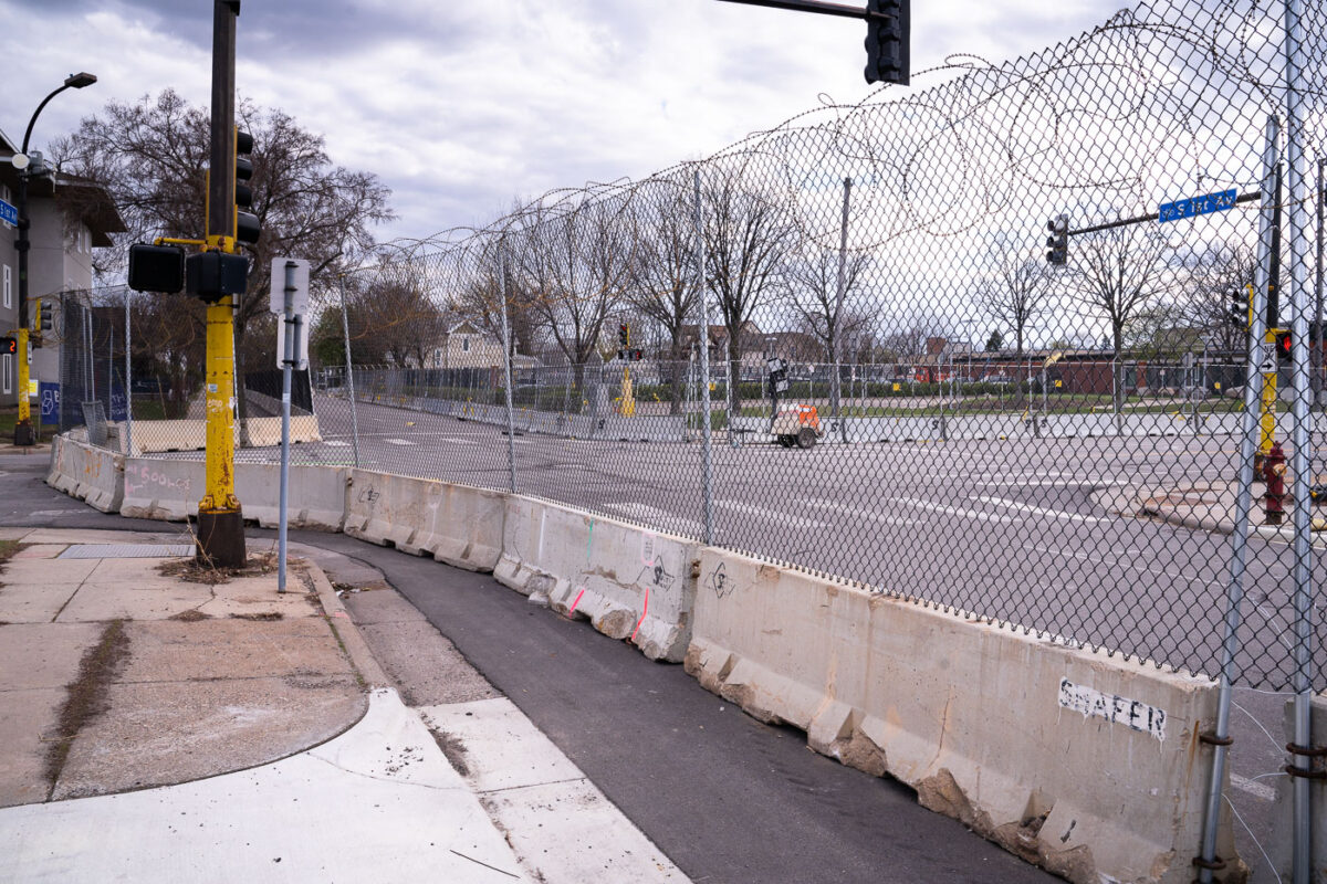 The Minneapolis Police Fifth Precinct heavily fortified.