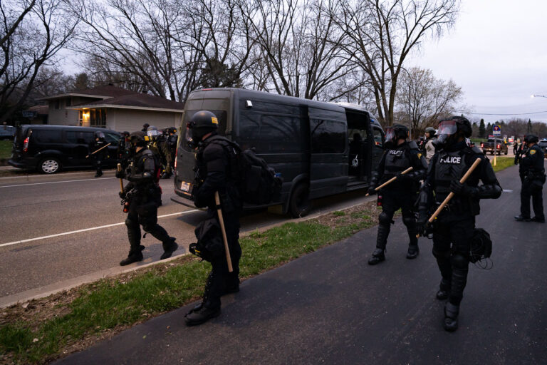 Riot police arrive after Daunte Wrigh was killed 4 Police in riot gear arrive where protesters are gathered following the death of Daunte Wright.