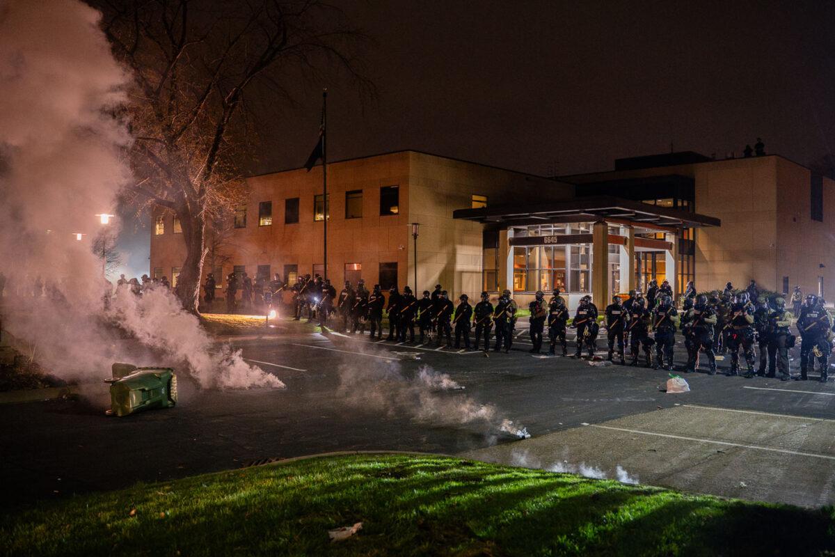 Riot police surrounded the Brooklyn Center police department after one of it's officers shoot and kill Daunte Wright earlier in the day.