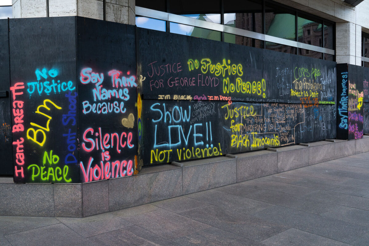 Painted boards on a building across from where the Derek Chauvin trial is taking place.