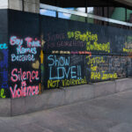 Painted boards on a building across from where the Derek Chauvin trial is taking place.