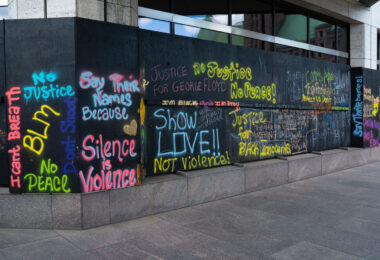 Painted boards on a building across from where the Derek Chauvin trial is taking place.