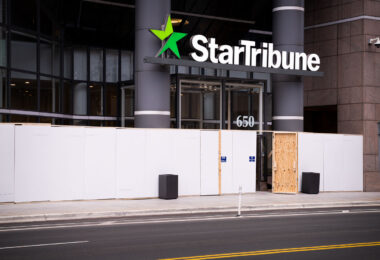 Boards at the Star Tribune across from the courthouse.