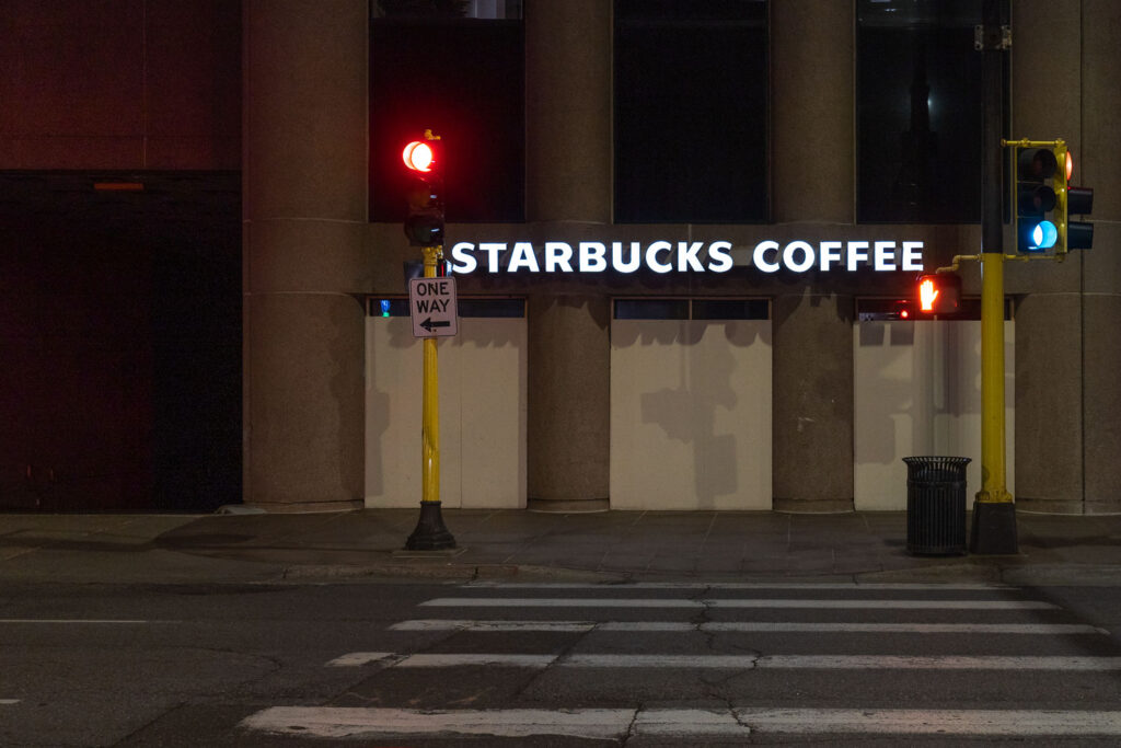A boarded up Starbucks Coffee shop in downtown Minneapolis.