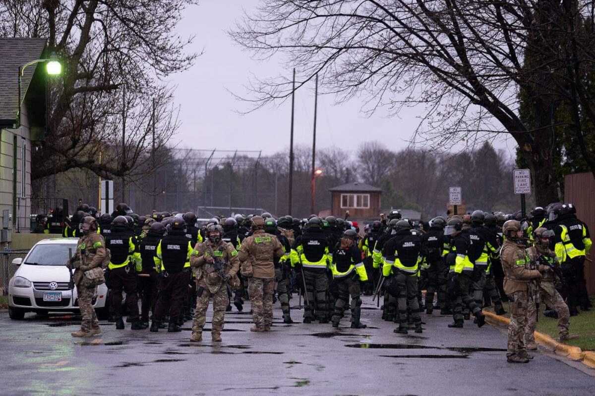 The State Patrol mobilize in Brooklyn Center to push protesters away from the Brooklyn Center Police Department after 20-year old Daunte Wright was shot and killed by a Brooklyn Center Police on April 11th, 2020.