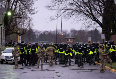 The State Patrol mobilize in Brooklyn Center to push protesters away from the Brooklyn Center Police Department after 20-year old Daunte Wright was shot and killed by a Brooklyn Center Police on April 11th, 2020.