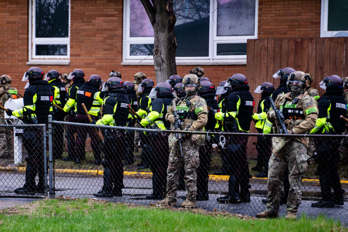 The State Patrol mobilize in Brooklyn Center to push protesters away from the Brooklyn Center Police Department after 20-year old Daunte Wright was shot and killed by a Brooklyn Center Police on April 11th, 2020.