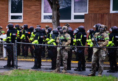 The State Patrol mobilize in Brooklyn Center to push protesters away from the Brooklyn Center Police Department after 20-year old Daunte Wright was shot and killed by a Brooklyn Center Police on April 11th, 2020.