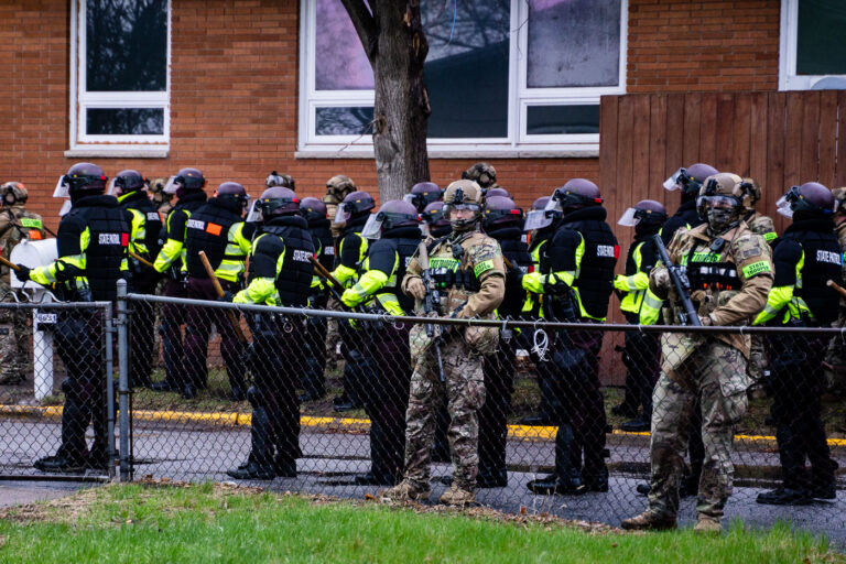 State Police watch protesters in Minnesota 3 The State Patrol mobilize in Brooklyn Center to push protesters away from the Brooklyn Center Police Department after 20-year old Daunte Wright was shot and killed by a Brooklyn Center Police on April 11th, 2020.
