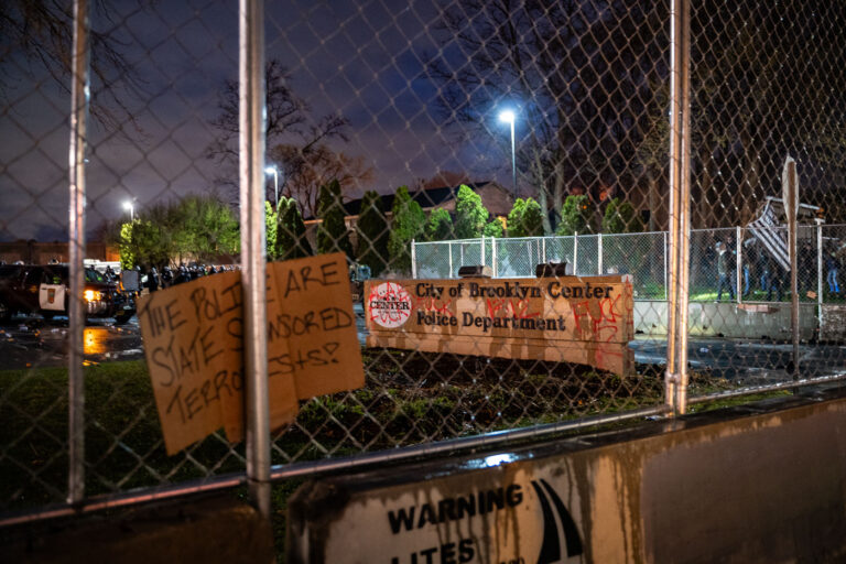 The Police Are State Terrorists Protest sign 4 Protesters gather at the Brooklyn Center Police Department after 20-year old Daunte Wright was shot and killed by a Brooklyn Center Police on April 11th, 2020.