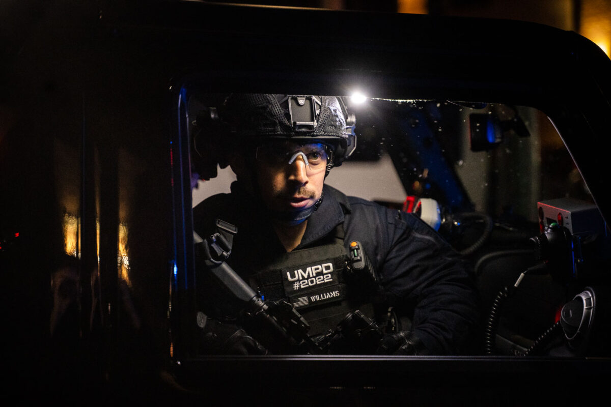 University of Minnesota Police Department arrive at the Brooklyn Center Police Department following unrest over the shooting of Daunte Wright. Wright was shot by Brooklyn Center Police Officer Kim Potter.