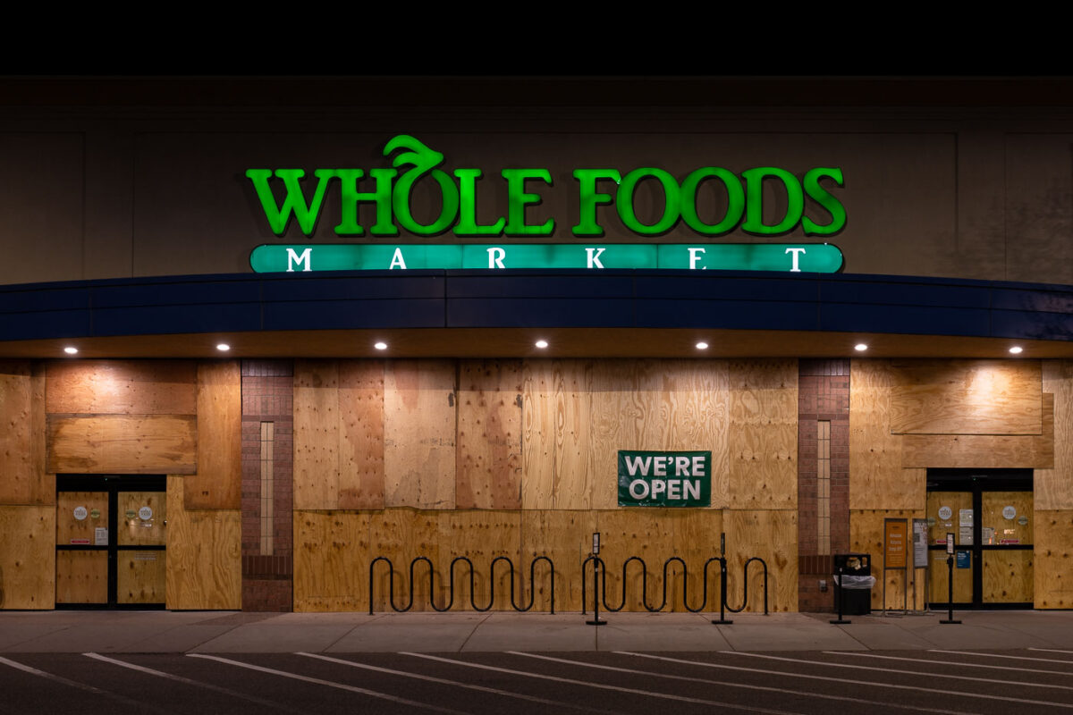 A Whole Foods store is boarded up in preperation for possible unrest over a verdict in the Derek Chauvin murder trial.