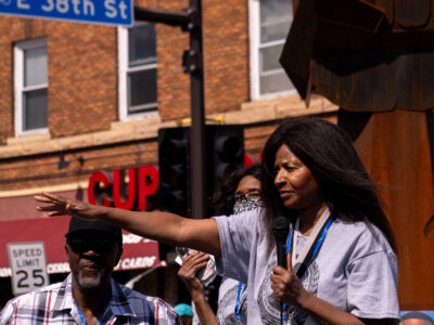 Angela Harrelson speaks at George Floyd Square, Minneapolis, 2021