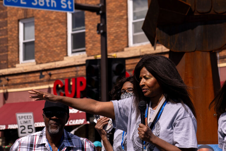 Angela Harrelson speaks at George Floyd Square in 2021 2 George Floyd’s aunt Angela Harrelson speaks to the crowd at George Floyd Square on the 1-year anniversary of his murder.