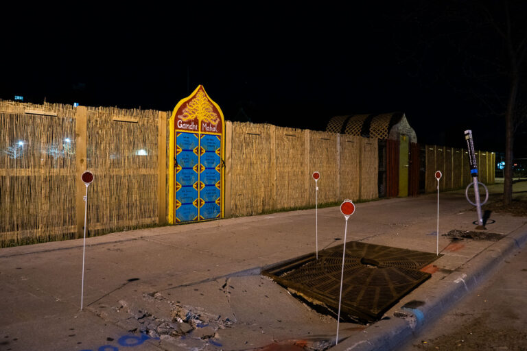 Gandhi Mahal property in South Minneapolis 2 Straw fencing around the former Gandhi Mahal building in South Minneapolis.