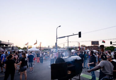 Food being grilled at Rise and Remember 2021 at George Floyd Square. The event is held on the anniversary of George Floyd's murder at George Floyd Square in Minneapolis.