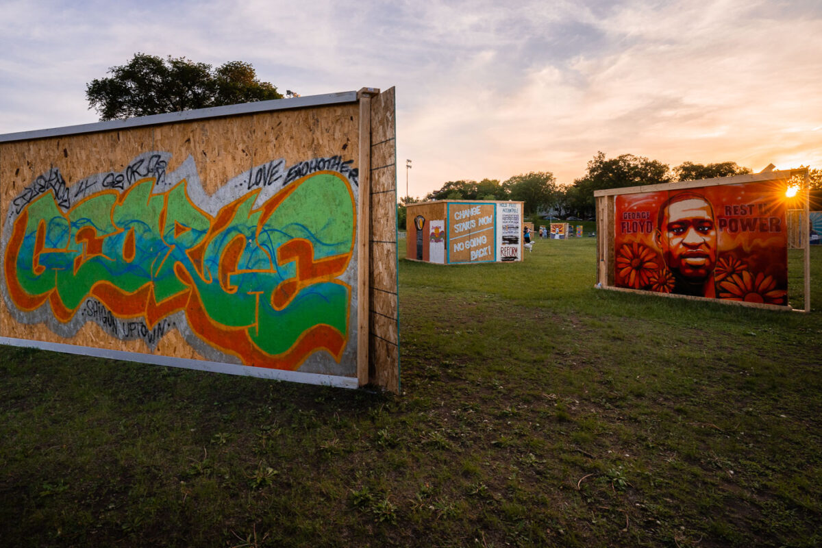 Save the Boards to Memorialize the Movement exhibited 87 of the almost a thousand boards they've saved at Phelps Park, next to George Floyd Square.