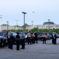 Police officers gather at the Third Precinct on the 1 year anniversary of the burning of the precinct. The Minneapolis Police announced over the radio the precinct had been compromised at 10:14pm on May 28th, 2020.