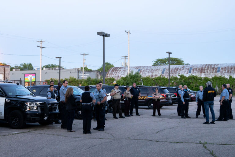 Minneapolis police gather 1 year after George Floyd's murder 4 Police officers gather at the Third Precinct on the 1 year anniversary of the burning of the precinct. The Minneapolis Police announced over the radio the precinct had been compromised at 10:14pm on May 28th, 2020.
