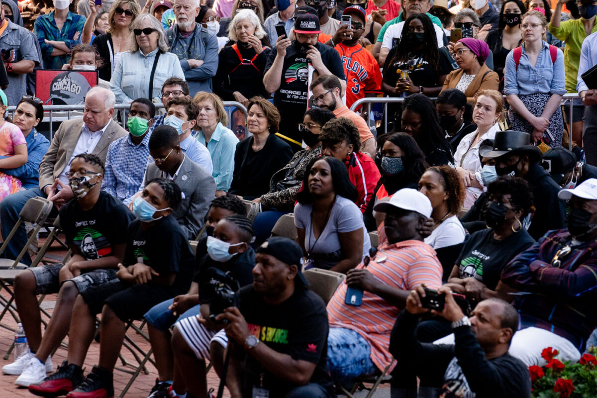 Minnesota Governor Tim Walz, St. Paul Mayor Melvin Carter, Minnepaolis Mayor Jacob Frey, Senator Tina Smith and Senator Amy Klobuchar listen to speakers at a George Floyd Remembrance Rally at the Hennepin County Government Center.