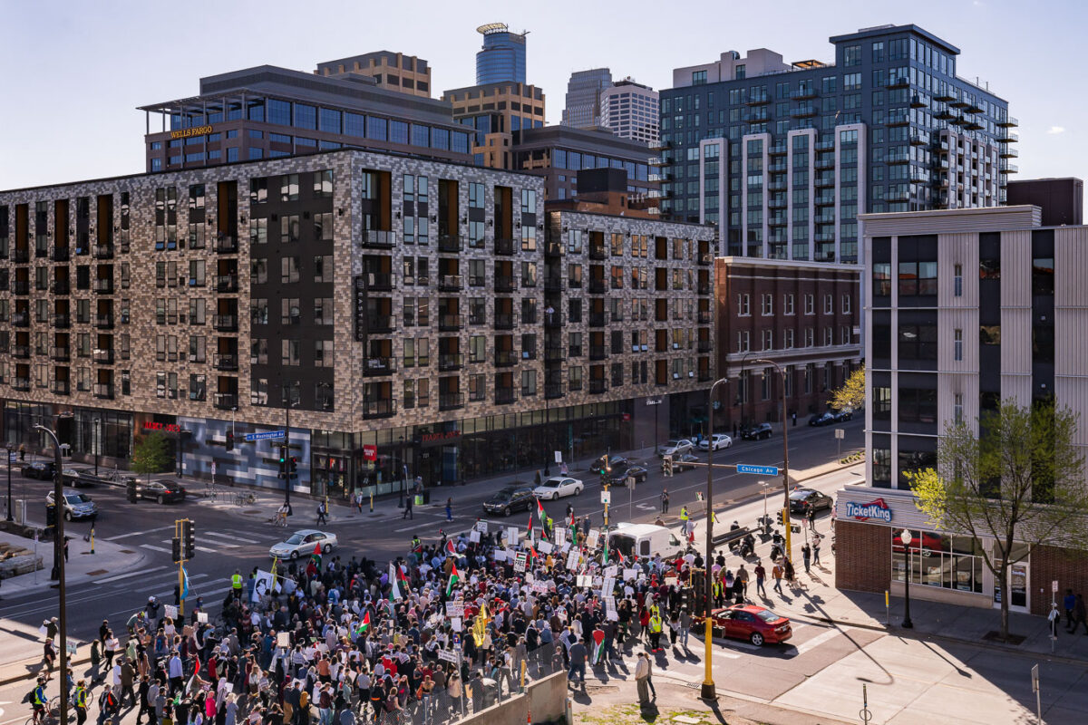 Those standing in solidarity with Palestine march through downtown Minneapolis.