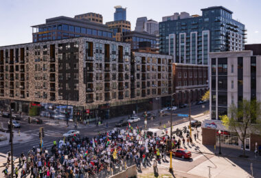 Those standing in solidarity with Palestine march through downtown Minneapolis.