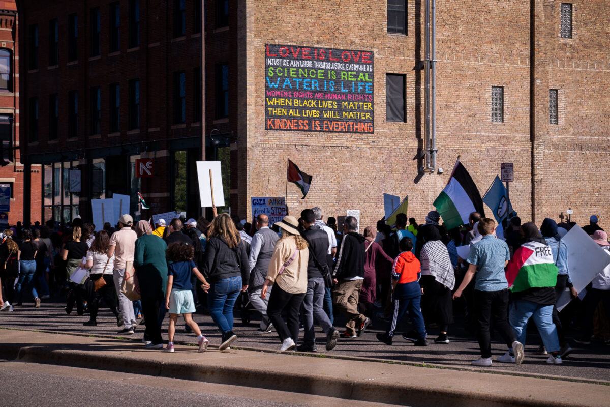 Those standing in solidarity with Palestine march through downtown Minneapolis.