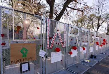 Security fencing around the Brooklyn Center Police Department following the death of Daunte Wright.