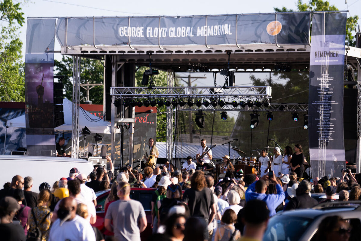 Performers on stage at George Floyd Square on the 1 year anniversary of Floyd's murder.