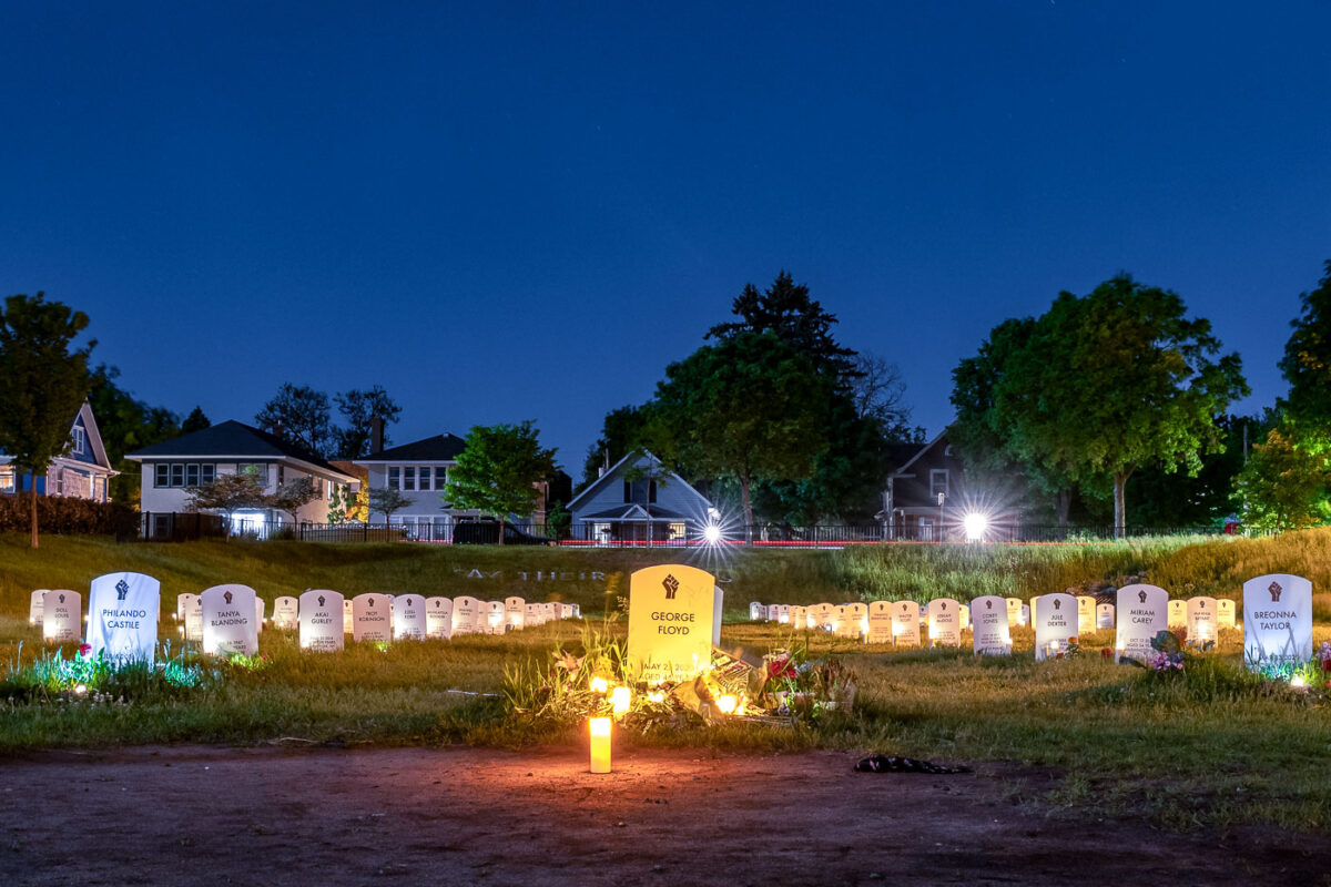 Say Their Names Cemetery with candles on the 1-year anniversary of George Floyd’s murder.