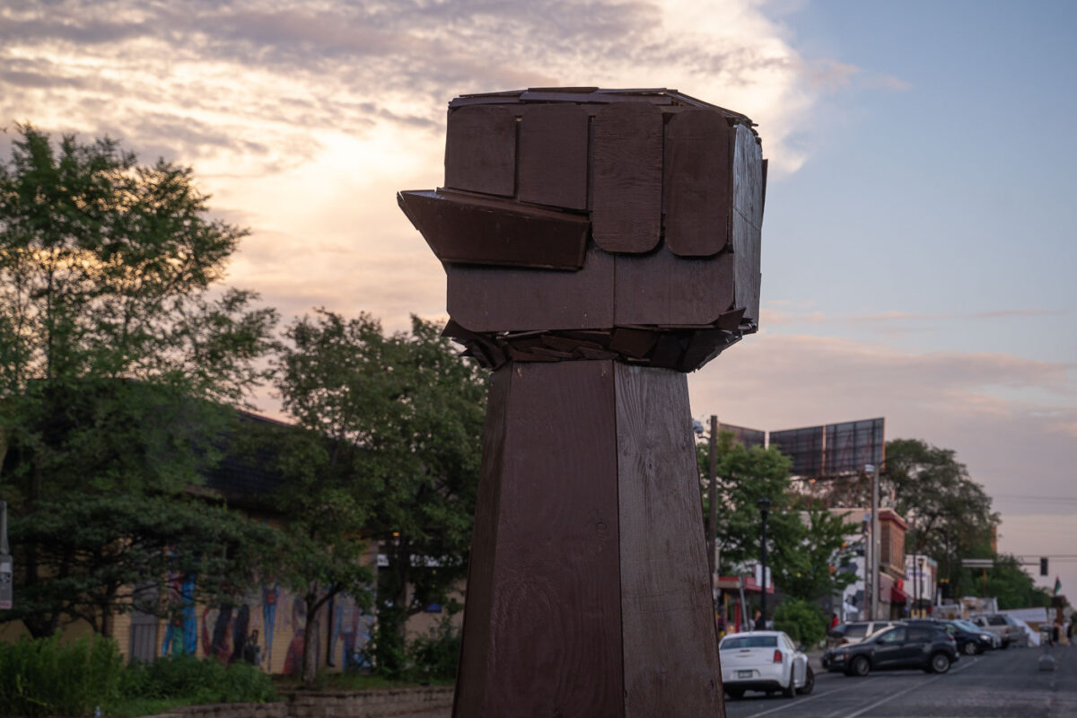 A fist sculpture at 37th and Chicago Avenue in George Floyd Square in Minneapolis.