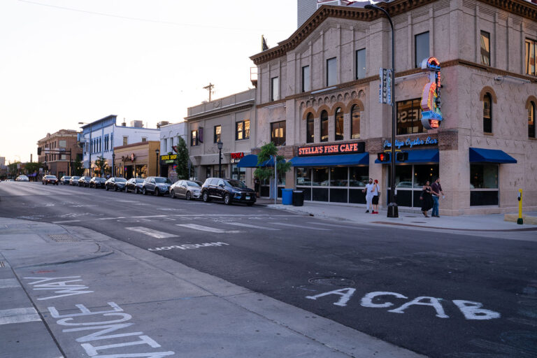 ACAB written on Lake Street 4 ACAB and Wince Way written on West Lake Street in Minneapolis. Protesters have been gathered in the area ever since the June 3rd shooting death of Winston Smith. Officials say Ramsey and Hennepin County officers fired their weapons while part of a Federal Task Force serving a warrant.